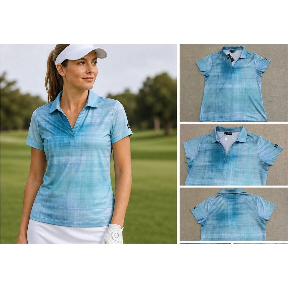 Yatta Golf Polo Womens Large Blue Performance Shirt V Neck Athletic NWT‎